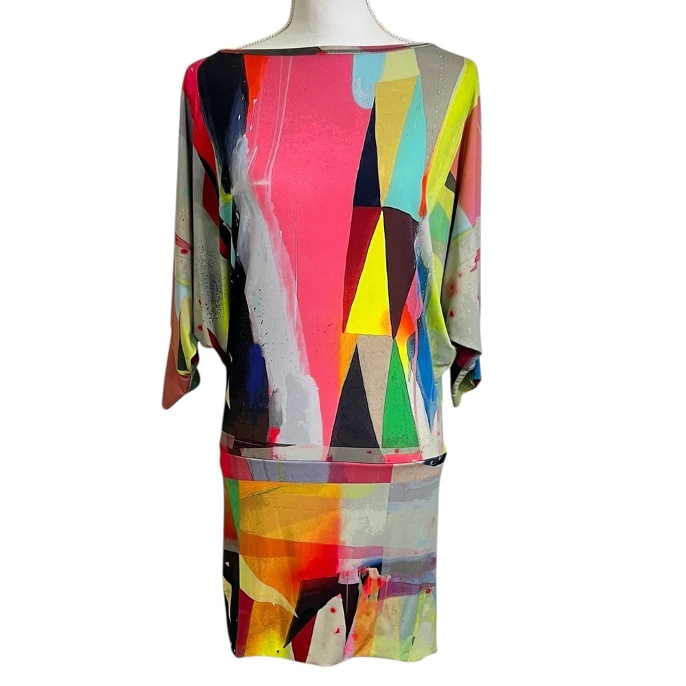 Petit Pois Viviana G Small Batwing Sleeve Dress Colorful Abstract Stretch Jersey